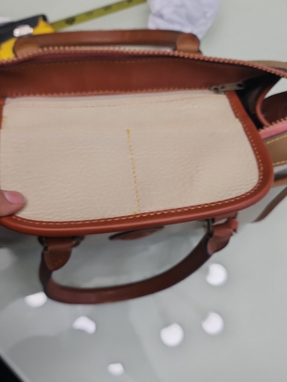 Dooney & Bourke Beige and Brown Pebbled Leather Satchel Mossing Shoulder Strip - Picture 9 of 15